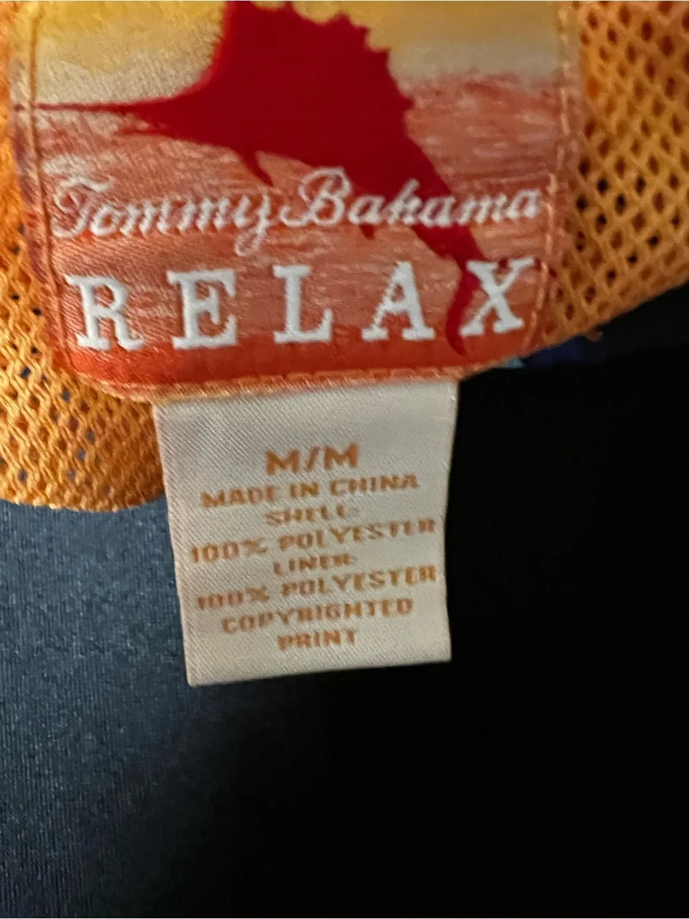 TOMMY BAHAMA RELAX NAVY TRUNKS W/ORANGE/LT BLUE SAILBOAT PRINT. MEDIUM